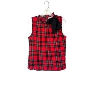New with Tags J.Crew Red Black Work Plaid Tartan Ruffle Bow Neck Blouse Medium